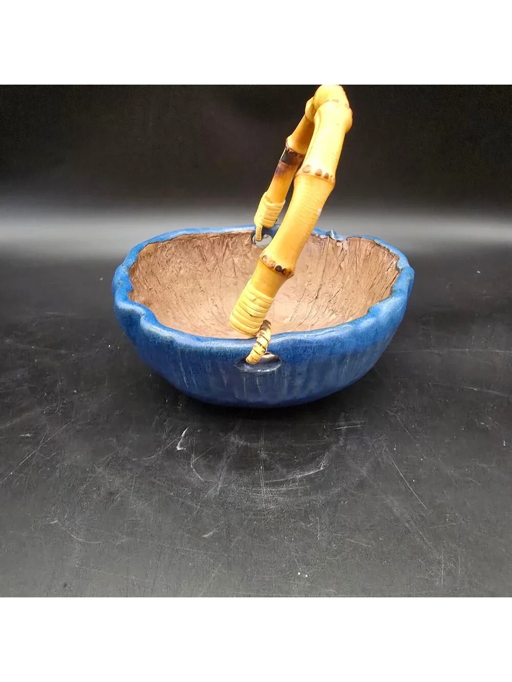 Handmade Studio Pottery Lotus Leaf Basket Bowl Blue Glazed Bamboo Handle Signed